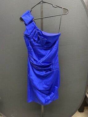 B. Smart Royal Blue Satin Ruched One Shoulder Mini Dress